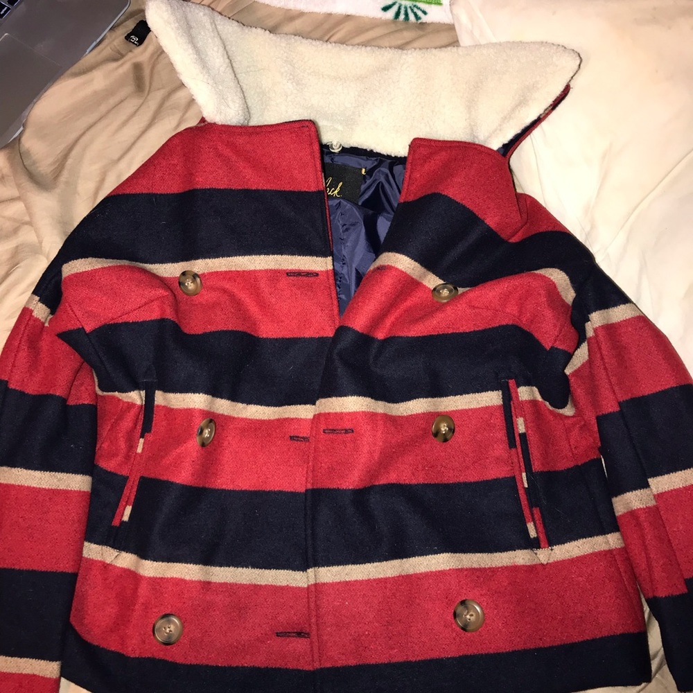 blue and red striped jacket with removable collar